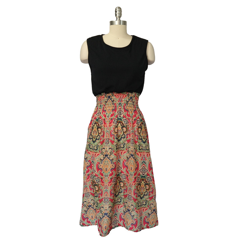 Vintage 90s Boho Print Midi Dress Size M The Paragon Catalog Black Sleeveless